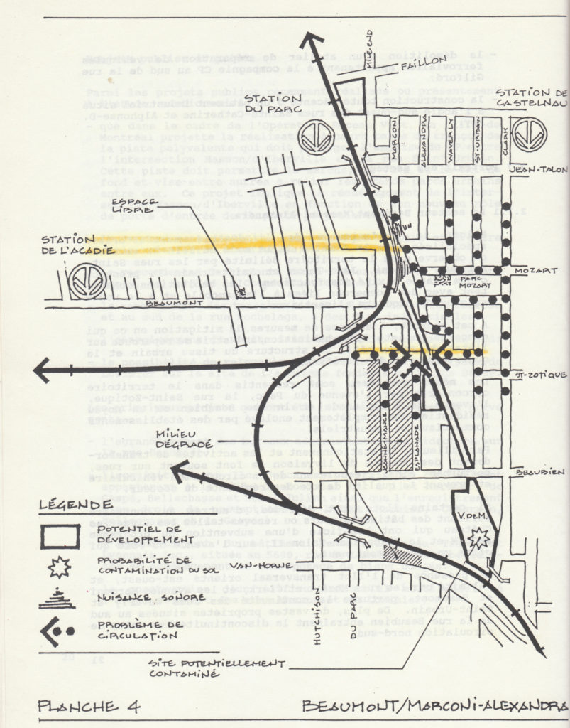 Carte tirée de l'ÉTUDE PORTANT SUR LES TERRAINS QUI BORDENT LES VOIES FERRÉES DU CP ENTRE LE PARC JARRY ET LA RUE NOTRE-DAME, réalisée pour le compte de la Ville de Montréal en 1991.